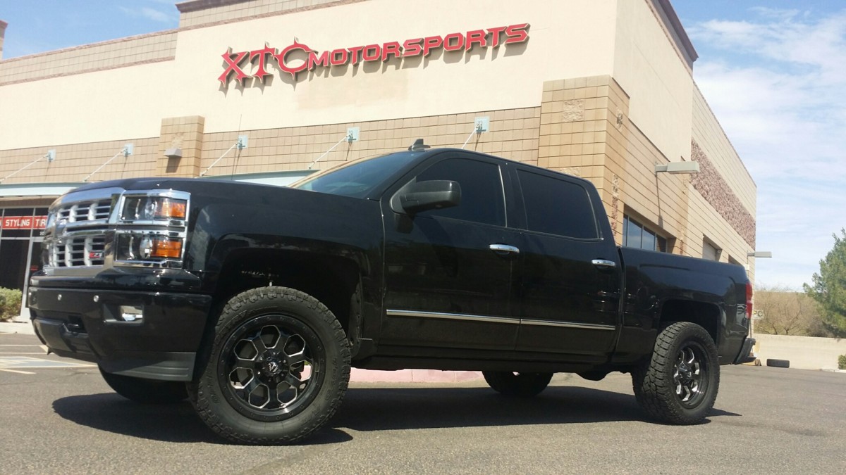George brought in his 2015 Chevy Trucks Silverado 1500 4WD Z71 for a major upgrade to his suspension. We put FOX 2.5 Factory Series Coil-Overs with Reservoir & DSC Adjuster on the front of his ride. We had previously done a Cognito Motorsports, Inc leveling kit with upper control arms & Bilstein Shock Absorbers front struts. With 305/55R20 Toyo Tires Open Country ATII tires wrapped around some 20x9 Fuel Offroad Savage wheels. BedRug BedLiner, Bak Industries G2 Tonneau Cover, & AMP Research powersteps.
