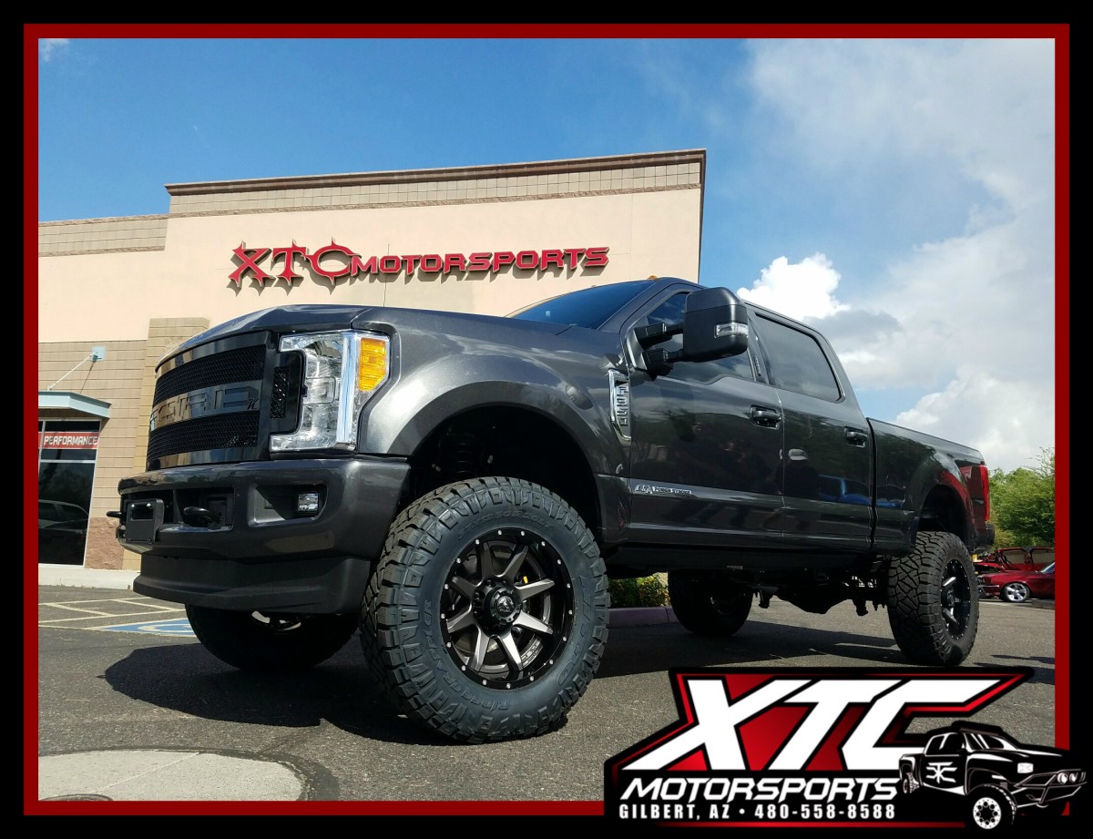 Brandon drove down from the beautiful state of Colorado to have us deck out his brand new Ford Motor Company F-350 Super Duty. We installed a BDS Suspension 4" lift with ICON Vehicle Dynamics 2.5" PiggyBack Reservoir shocks, Airlift LoadLIfter 5000 airbags with a WirelessOne compressor system, AMP Research powersteps, a Kelderman Air Suspension Systems Alpha Series grille, all of this is propped up on a set of 37x12.50R20 Nitto Tire Ridge Grapplers wrapped around a set of Fuel Offroad D238 Anthracite center with gloss black lip rampage wheels.