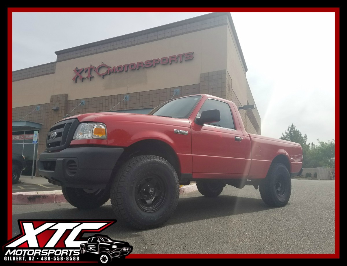 Bob wanted to give his 2008 Ford Motor Company Ranger and little bit of a lift and a nice set of tires & wheels, so we installed a Fabtech Motorsports 3" spindle lift with rear add-a-leaf and Stealth shocks all the way around along with a set of 31x10.50R15 Yokohama Tire Geolander A/T's wrapped around a set of 15x7 American Racing Wheels AR23's.