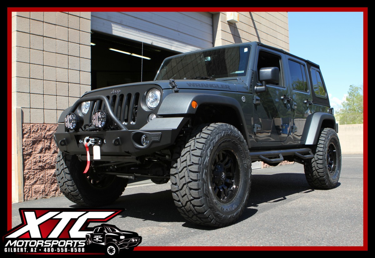 We just wrapped up this awesome build for Josh. We took his 2017 Jeep Wrangler Unlimited and put a ReadyLift Suspension Inc. 4" SuperFlex suspension lift with FOX 2.0 Performance Series Reservoir with CD Adjuster shocks on front & rear and a 2.0 Performance Series steering stabilizer, a set of 37x13.50R18 Toyo Tires Open Country R/T's wrapped around a set of Fuel Offroad 18x9 Matte Black w/ Gloss lip D596 Sledge wheels, WARN Elite series front & rear bumper with tire carrier and a VR8-S winch, KC HiLiTES, Inc. 4" Gravity LED G4 fog lights with a set of 6" Pro-Sport with Gravity LED G6 drive lights, G2 Axle & Gear 4.88 gears front and rear, N-FAB nerf steps, Borla Exhaust split rear cat-back system with black tips, Banks Power Ram-Air intake system and a Superchips Flashcal programmer.