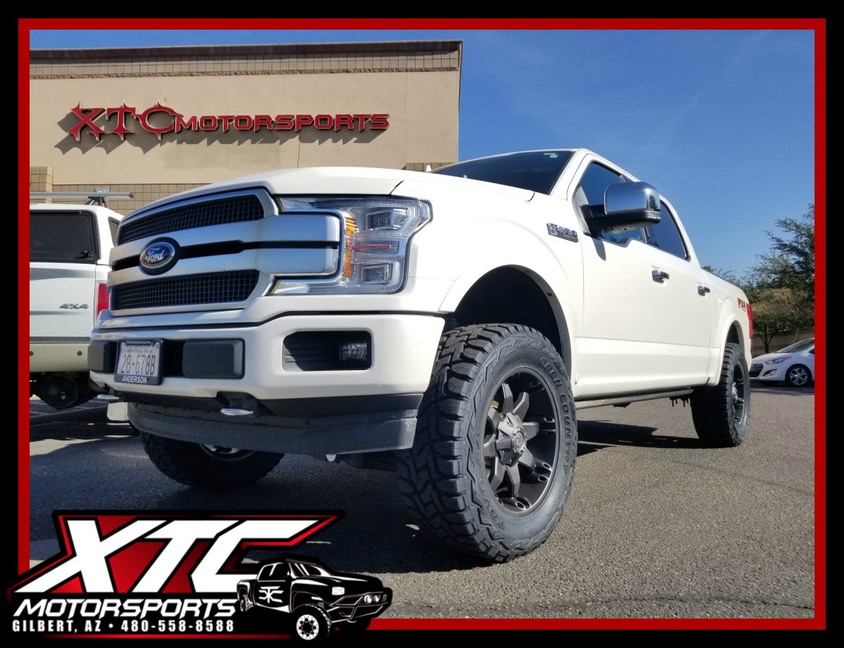 We recently built this 2018 Ford Motor Company F150 for Matt, by installing a Fabtech Motorsports 4" suspension lift, and a set of 35x12.50R20 Toyo Tires Open Country R/T's wrapped around some Fuel Offroad 20x9 D509 Black Octane wheels.