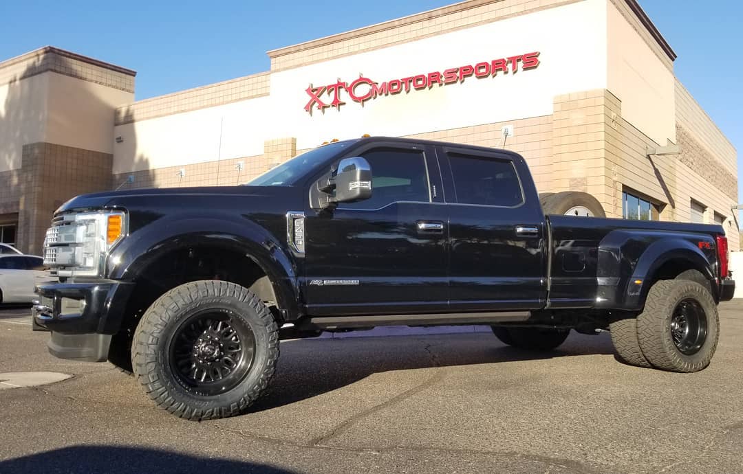 Scott had us install a 2.5" leveling kit with a set of LT325/60R20 Nitto Ridge Grappler tires wrapped around a set of 20" Fuel Offroad Forged FF66 wheels on his 2017 Ford F450 Super Duty Dually.